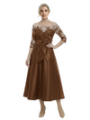 Unique Off Shoulder Tea-Length Satin Mother Of The Bride Dress With Lace Illusion