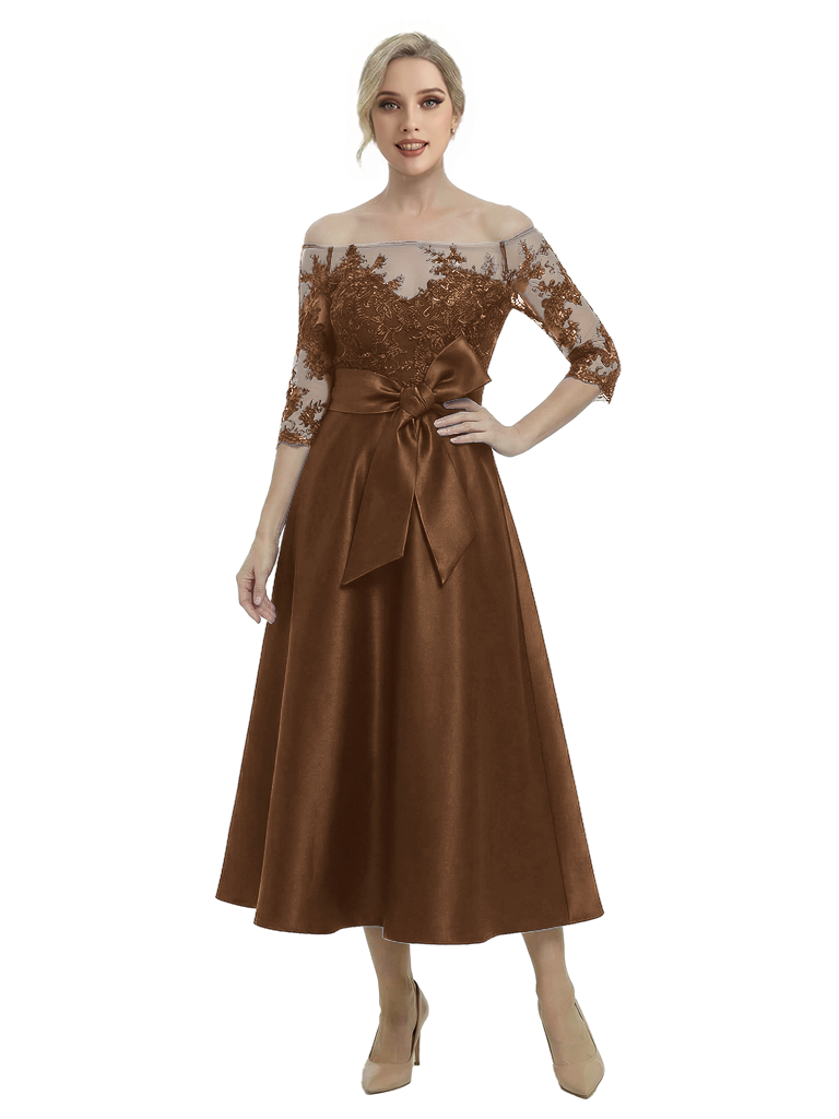 Unique Off Shoulder Tea-Length Satin Mother Of The Bride Dress With Lace Illusion