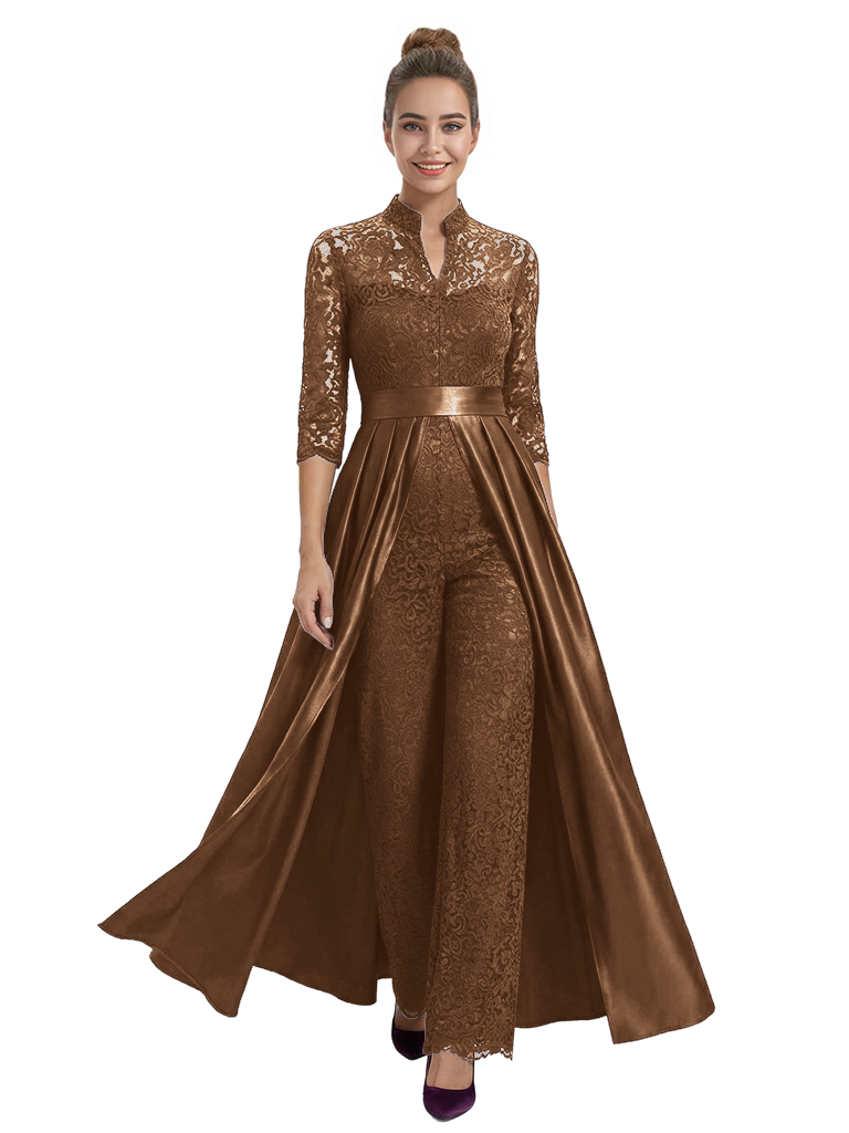 Mother of The Groom Outfit V-Neck 3/4 Sleeve Lace Pantsuit Satin Overskirt