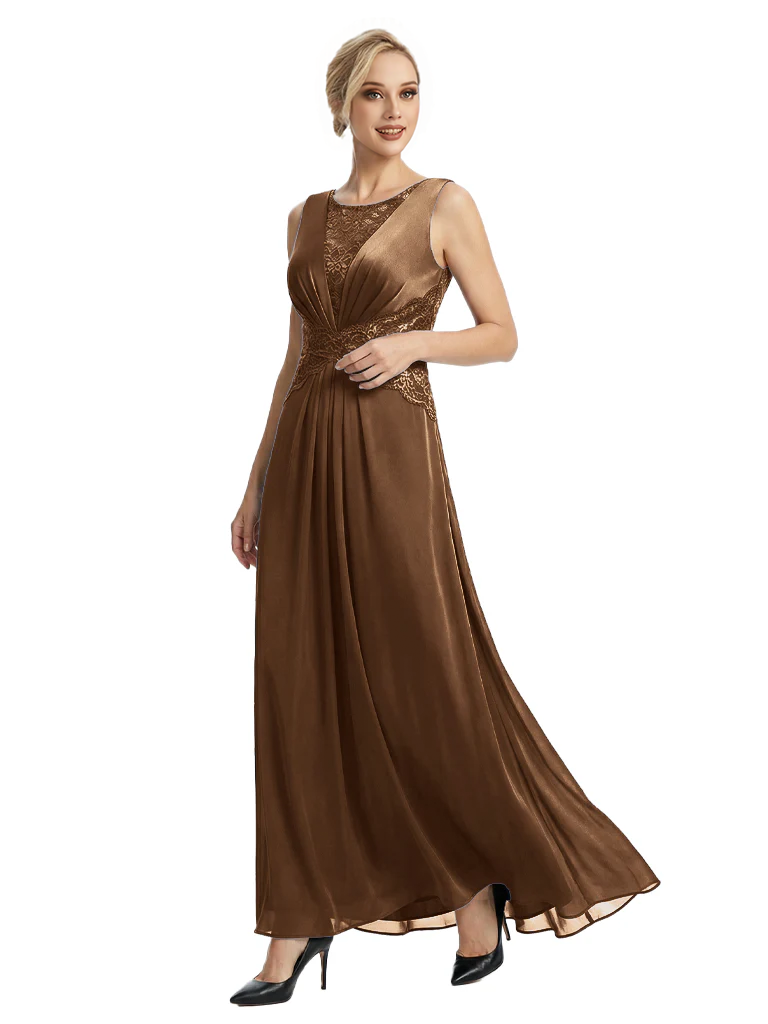 Mother of The Bride Dresses Scoop Sleeveless Lace Chiffon Maxi Gown Classy Ruched Formal Wedding Event Dress