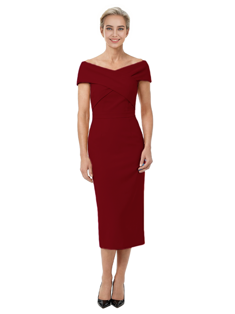 Mother of The Bride Dress Classy Off Shoulder Crepe Sheath Midi Gown Modern Wrap Detail