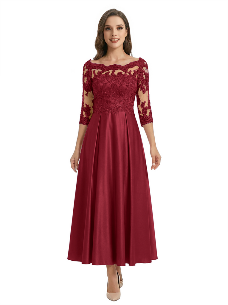 Mother of The Groom Dress Off Shoulder 3/4 Sleeve Lace Satin Midi Gown Classy Pleated