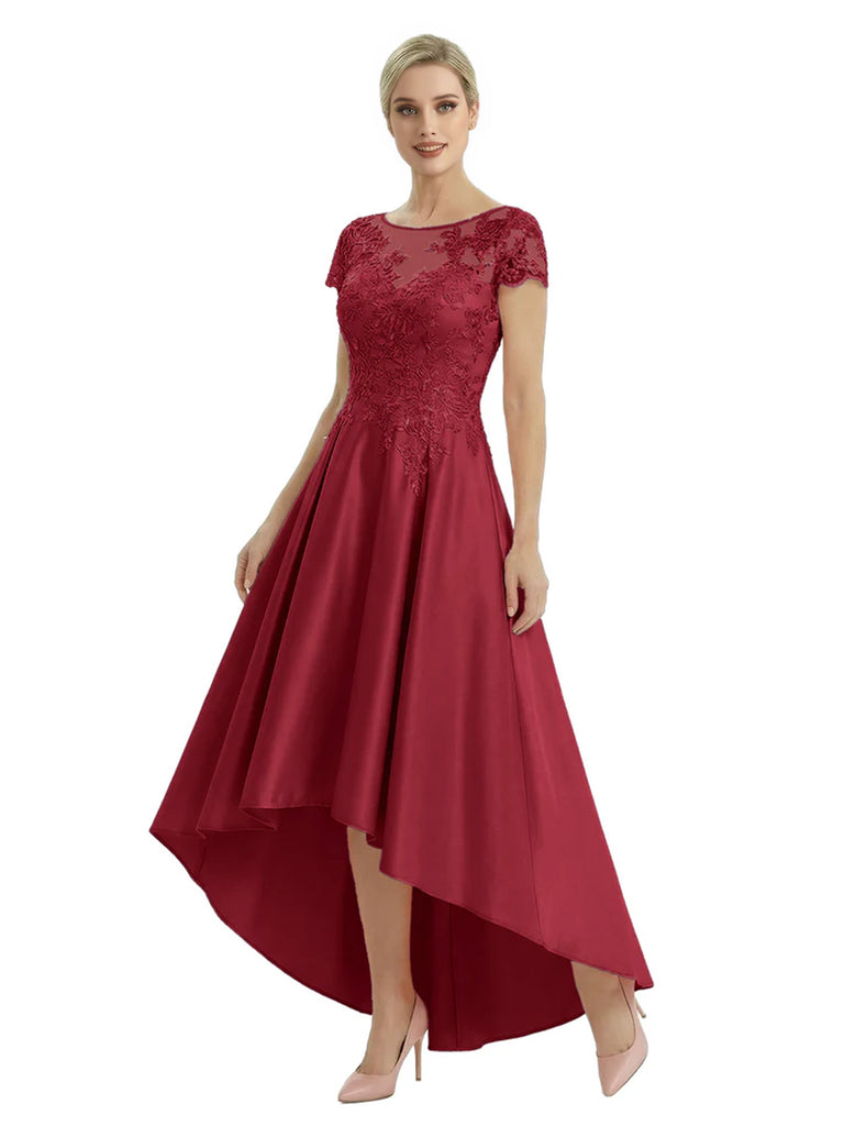 Elegant Mother of The Bride Dress Scoop Short Sleeve Lace Satin High-Low A-Line Gown