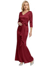 Mother of The Bride Dress Elegant V-Neck 3/4 Sleeve Satin Trumpet Maxi Gown