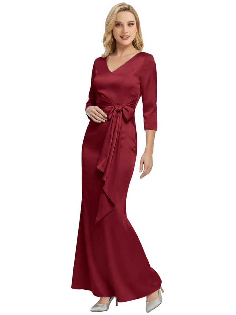Mother of The Bride Dress Elegant V-Neck 3/4 Sleeve Satin Trumpet Maxi Gown