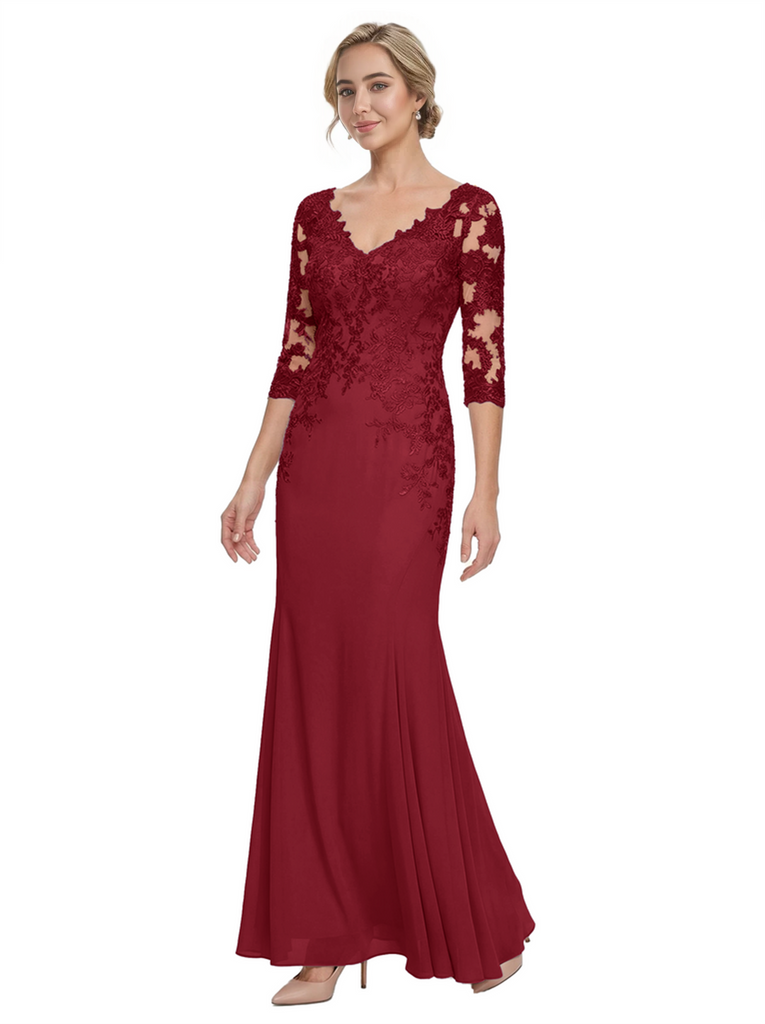 Mother of The Bride Gown V-Neck Half Sleeve Lace Chiffon Trumpet Maxi Dress Unique Sophisticated