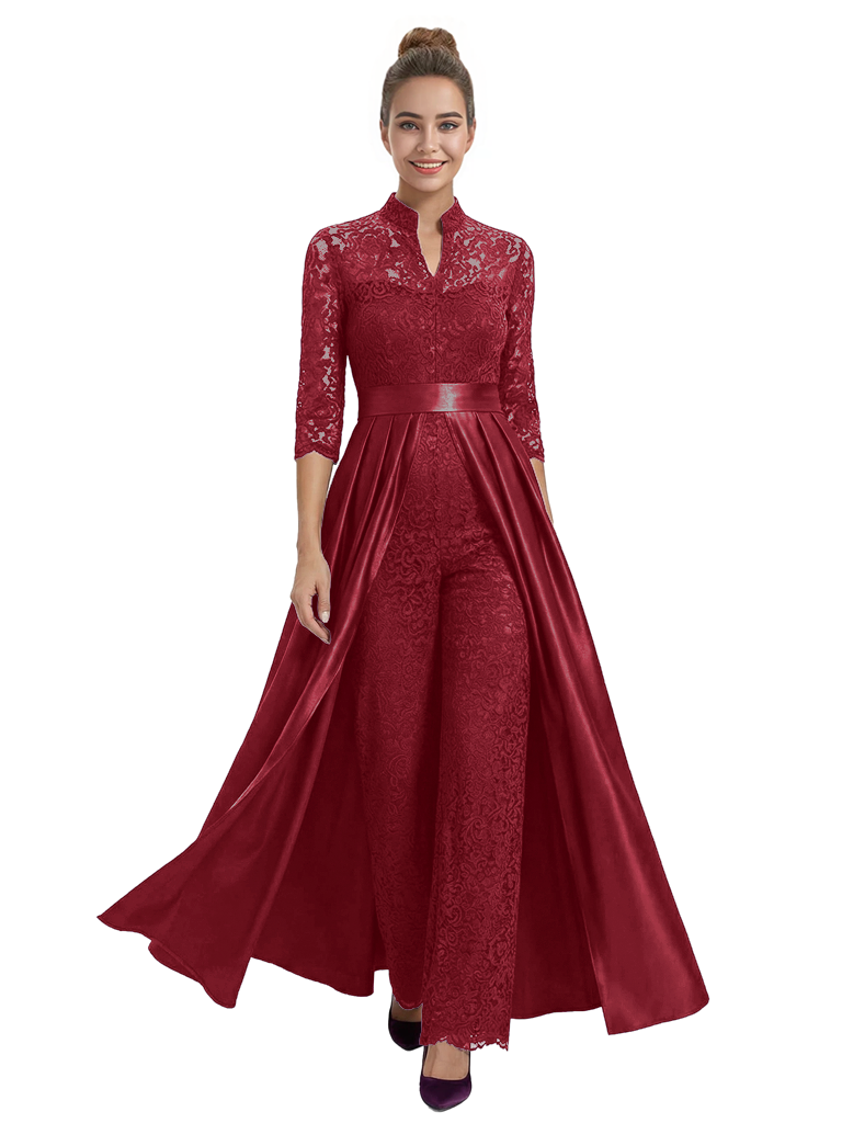 Mother of The Groom Outfit V-Neck 3/4 Sleeve Lace Pantsuit Satin Overskirt