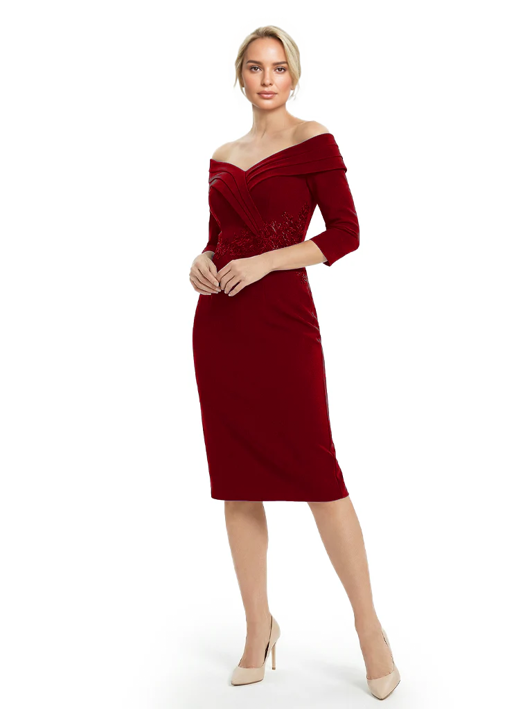 Mother of The Groom Dresses Off The Shoulder 3/4 Sleeve Satin Sheath Midi Dress Pretty Lace Detailed Formal Bridal Party Attire