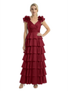 Mother of The Bride Dresses V-Neck Sleeveless Satin Tiered Maxi Gown Unique Flower Detailed Formal Wedding Event Attire