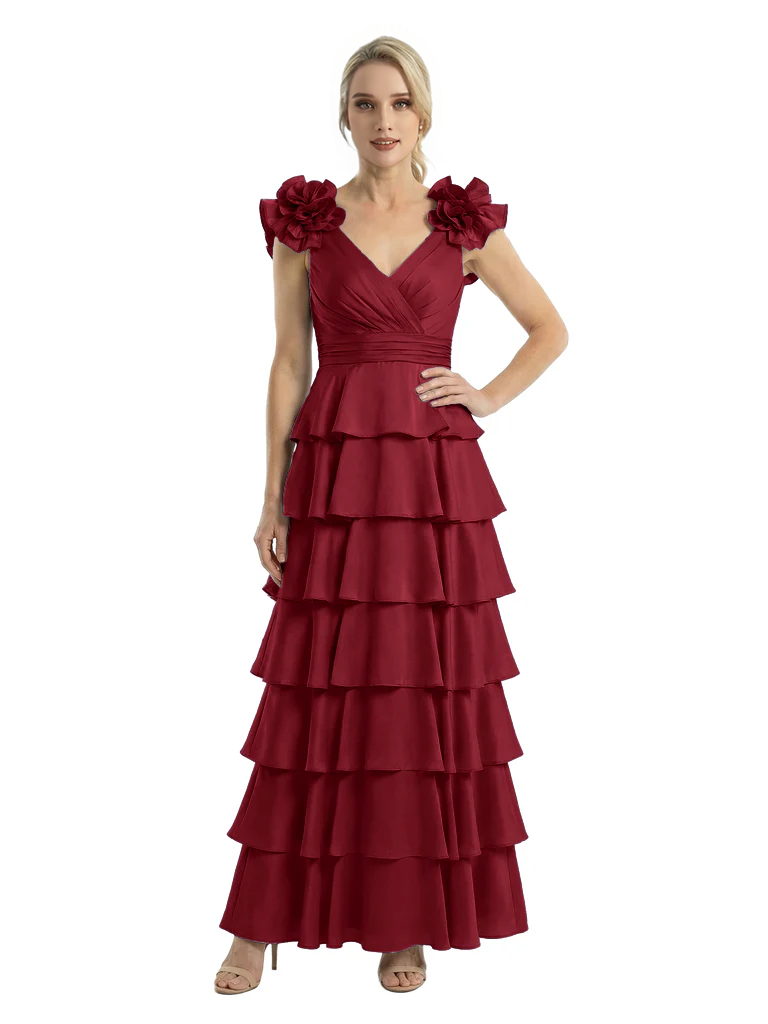 Mother of The Bride Dresses V-Neck Sleeveless Satin Tiered Maxi Gown Unique Flower Detailed Formal Wedding Event Attire