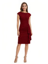 Mother of The Bride Dress Beautiful Jewel Cap Sleeve Crepe Sheath Midi Gown Ruffled Stylish Design