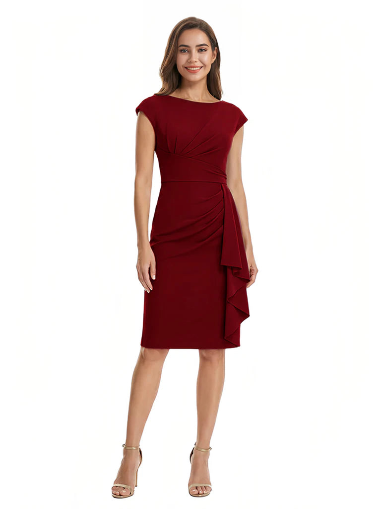 Mother of The Bride Dress Beautiful Jewel Cap Sleeve Crepe Sheath Midi Gown Ruffled Stylish Design