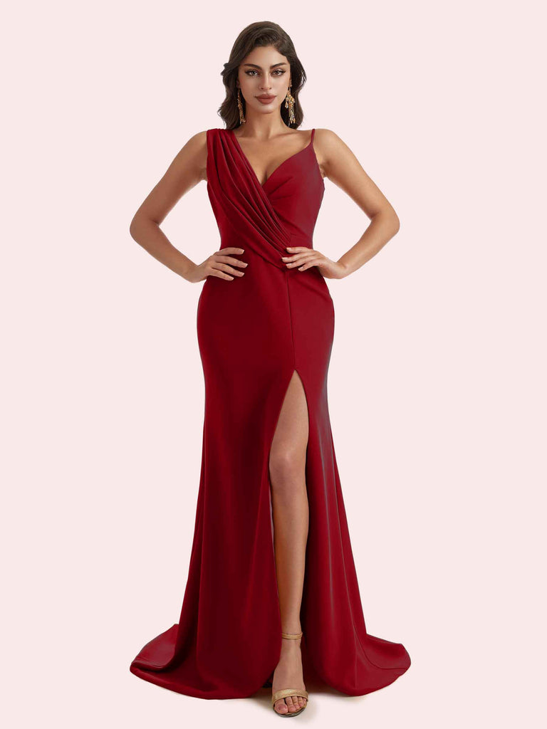v-neck crepe mermaid bridesmaid dress Mermaid Gorgeous V-neck Sleeveless Ruffles Stretch Crepe Bridesmaid Dresses