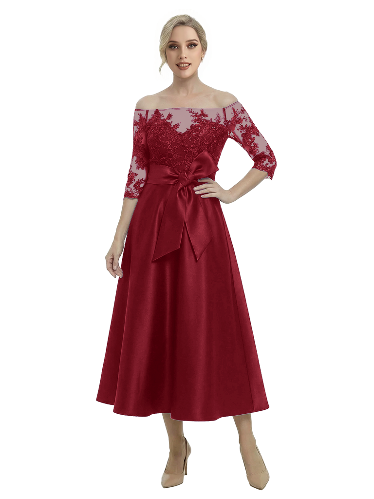 Unique Off Shoulder Tea-Length Satin Mother Of The Bride Dress With Lace Illusion