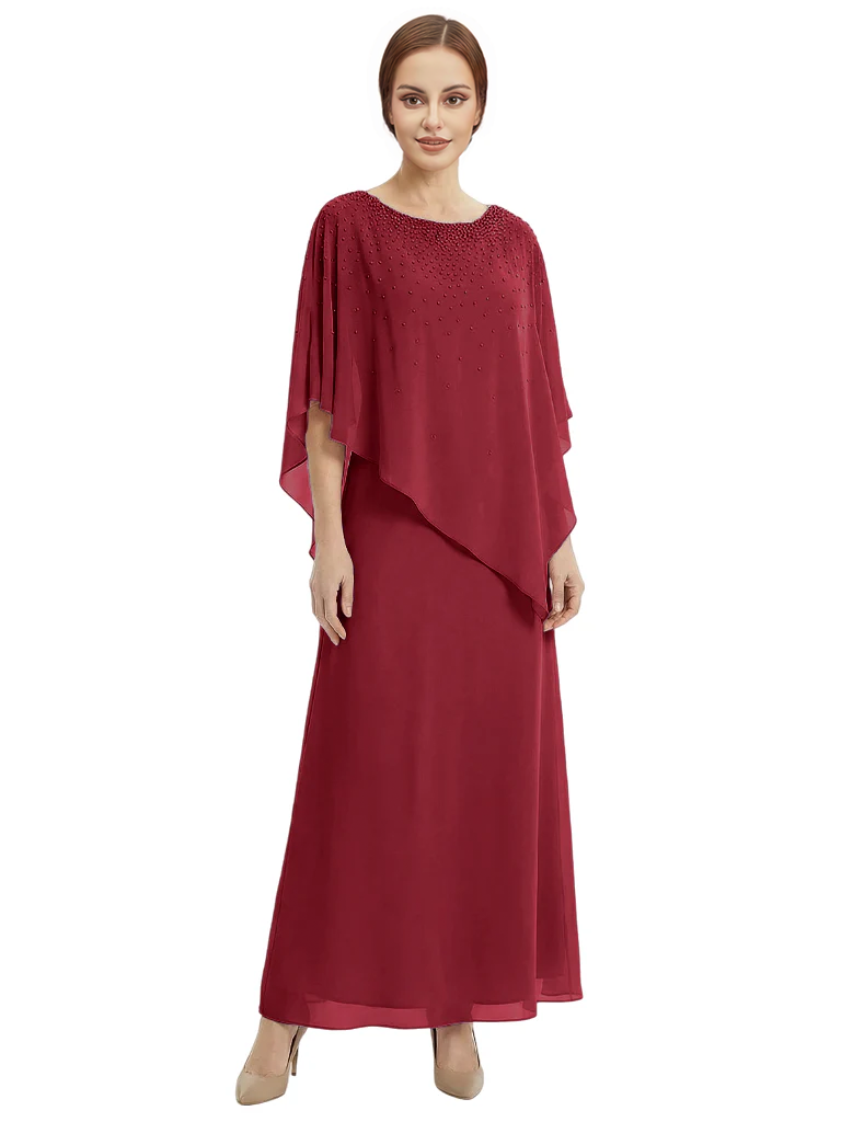 Classy Beaded Chiffon Overlay Poncho Style Mother of the Bride Gown