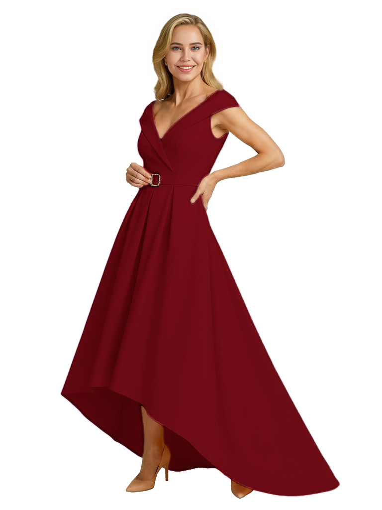 Mother of The Groom Dress Fancy Cap Sleeve Crepe High-Low A-Line Gown Elegant Belt Accent