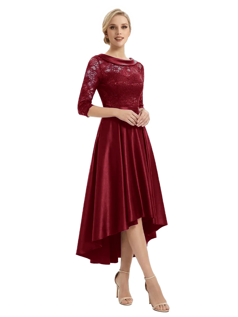 Elegant Boat Neck Satin Lace Mother Of The Bride Dresses High-Low A-Line Gowns