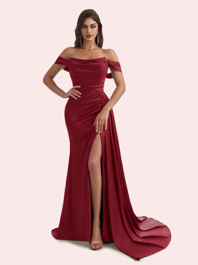 Elegant Mermaid Side Slit Off Shoulder Pleats Soft Satin Long Bridesmaid Dress for Wedding- Cetims Burgundy