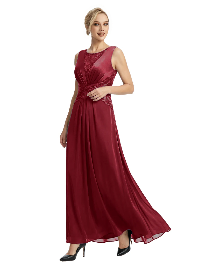 Mother of The Bride Dresses Scoop Sleeveless Lace Chiffon Maxi Gown Classy Ruched Formal Wedding Event Dress