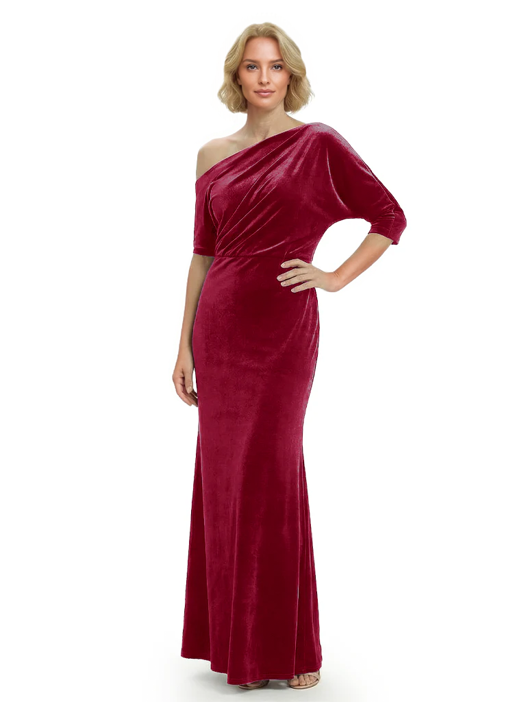 Sophisticated Asymmetrical Neckline Velvet Half Sleeves Maxi Mother Of The Groom Dress