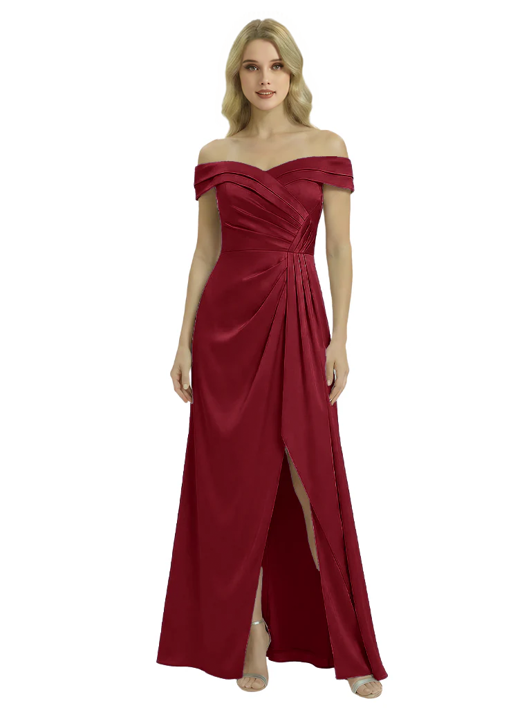 Off The Shoulder Mother Of The Groom Dresses Side Slit Satin Ruched A-Line Gown