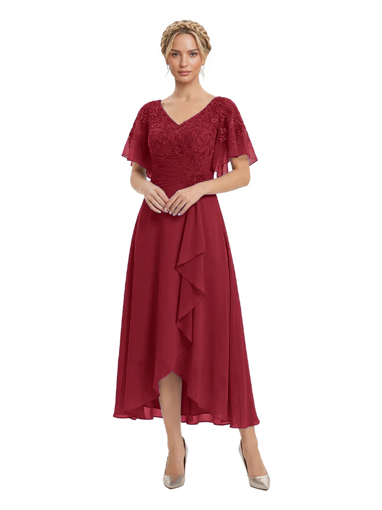 Unique Flutter Sleeves Lace Beaded Short Mother of the Groom Dresses