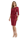 Simple V-Neck Long Sleeve Ruched Satin Cocktail Mother of the Groom Evening Dress