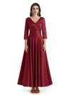 Elegant Soft Satin 3/4 Sleeves V-Neck Ankle Length Mother of The Bride Dresses