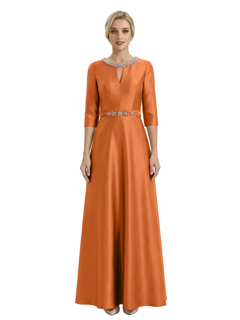 Sophisticated 3/4 Sleeves Beaded A-Line Satin Mother Of The Bride Dress