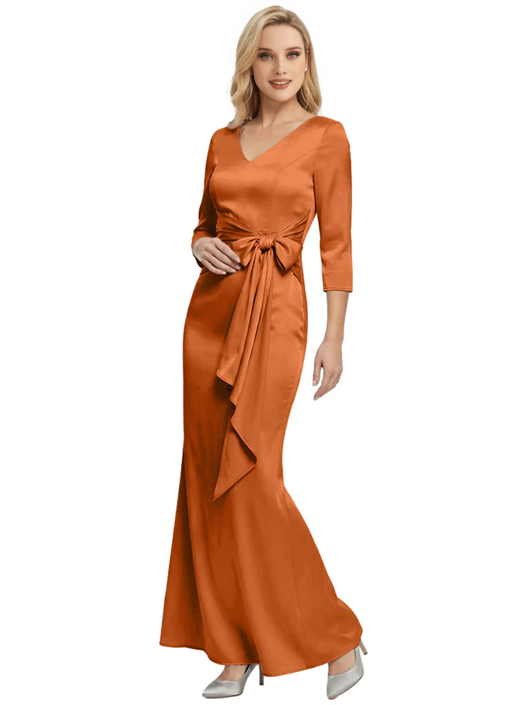 Mother of The Bride Dress Elegant V-Neck 3/4 Sleeve Satin Trumpet Maxi Gown