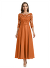 Mother of The Groom Dress Off Shoulder 3/4 Sleeve Lace Satin Midi Gown Classy Pleated