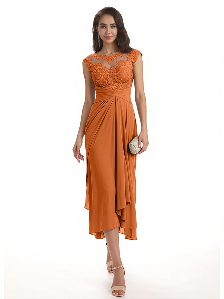 Elegant Bell Sleeves Chiffon A-line Midi Mother of The Bride Dresses