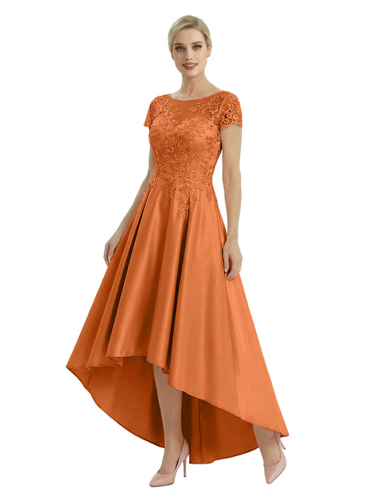 Elegant Mother of The Bride Dress Scoop Short Sleeve Lace Satin High-Low A-Line Gown