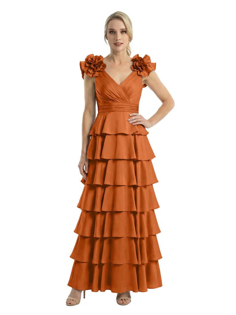 Cetims Mother of The Bride Dresses V Neck Sleeveless Satin Tiered Maxi Gown Unique Flower Detailed Formal Wedding Event Attire Burnt Orange