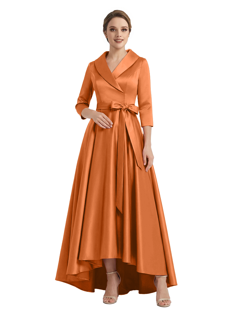 Modern High-Low 3/4 Sleeves Satin Mother Of The Bride Dress With Bow Knot