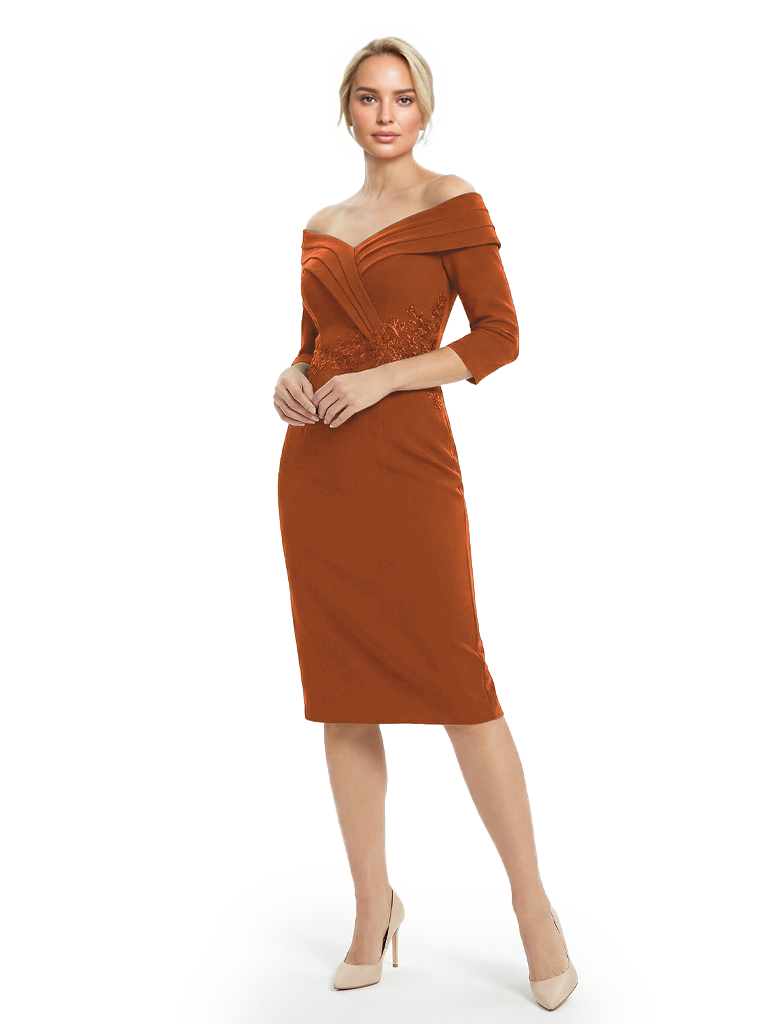 Mother of The Groom Dresses Off The Shoulder 3/4 Sleeve Satin Sheath Midi Dress Pretty Lace Detailed Formal Bridal Party Attire
