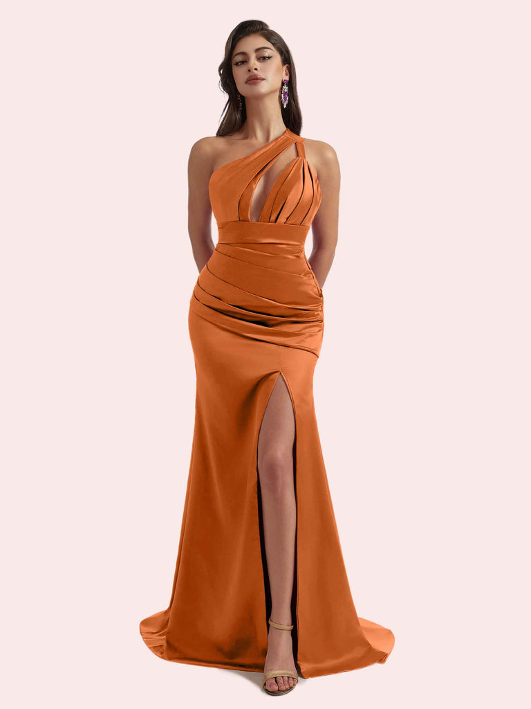 Gorgeous Mermaid Pleats Side Slit One Shoulder Soft Satin Long Bridesmaid Dress For Wedding Gorgeous Mermaid Pleats Side Slit One Shoulder Soft Satin Long Bridesmaid Dress For Wedding