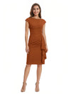 Mother of The Bride Dress Beautiful Jewel Cap Sleeve Crepe Sheath Midi Gown Ruffled Stylish Design