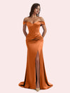 Elegant Mermaid Off Shoulder Side Slit V-neck Pleats Soft Satin Long Bridesmaid Dress for Wedding