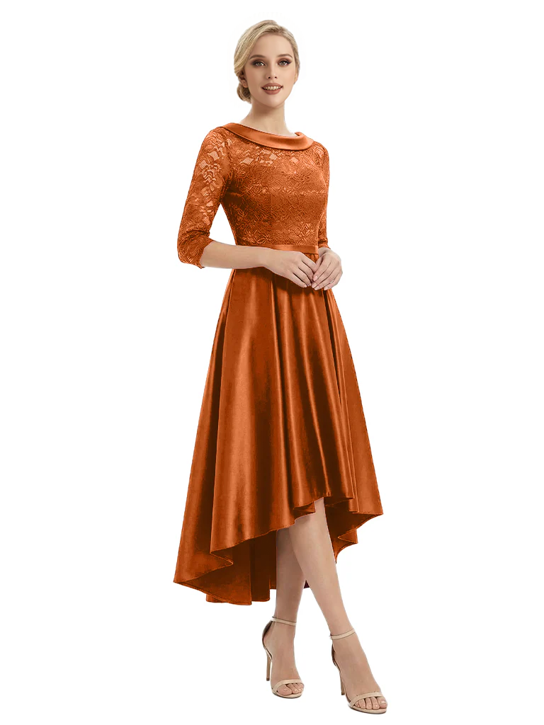 Elegant Boat Neck Satin Lace Mother Of The Bride Dresses High-Low A-Line Gowns