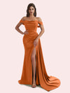 Elegant Mermaid Side Slit Off Shoulder Pleats Soft Satin Long Bridesmaid Dress for Wedding