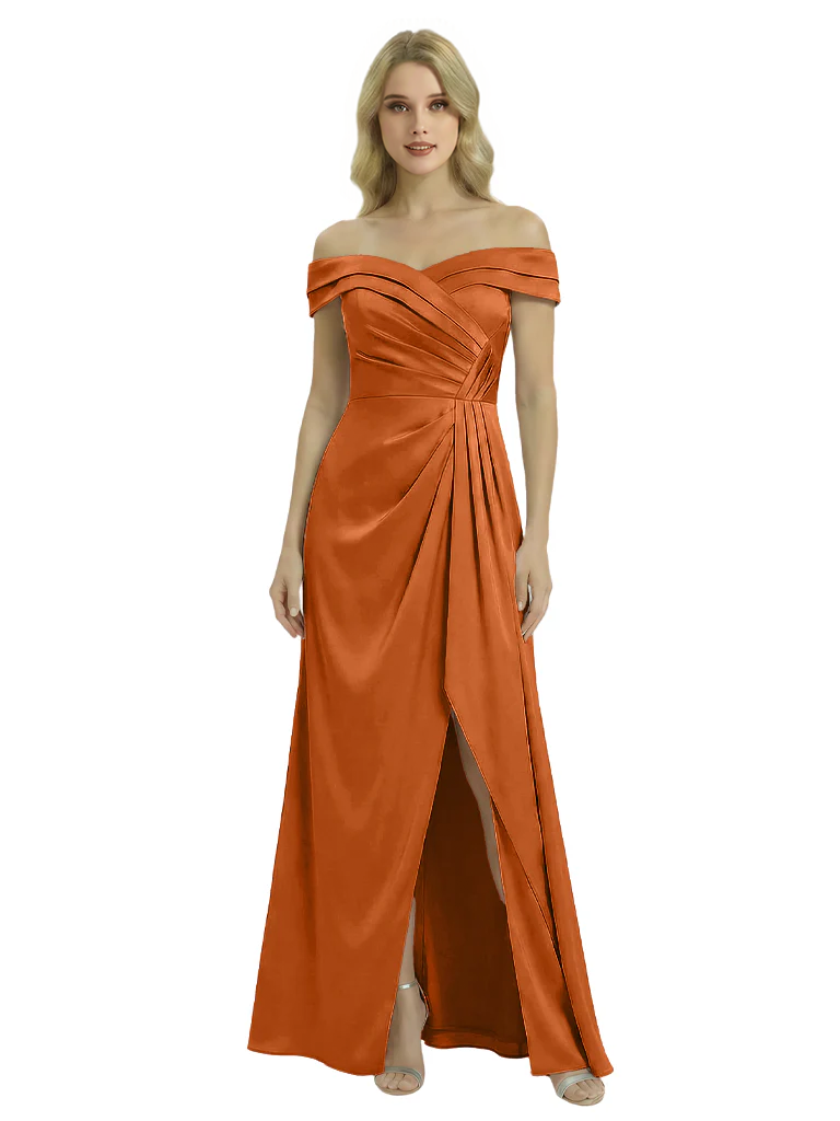 Cetims Off The Shoulder Mother Of The Groom Dresses Side Split Satin Ruched A Line Gown Orange