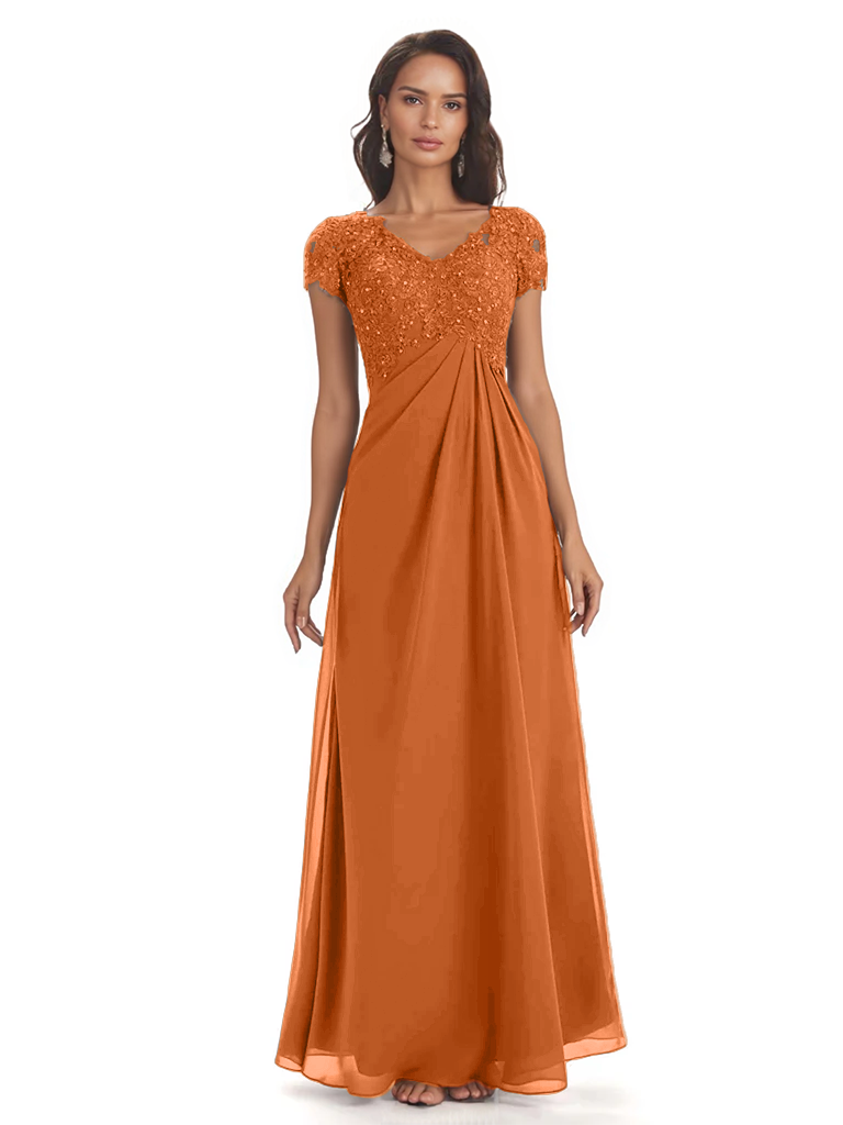 Elegant Short Sleeves Beaded Pleats A-line Floor-Length Mother of The Bride Dresses