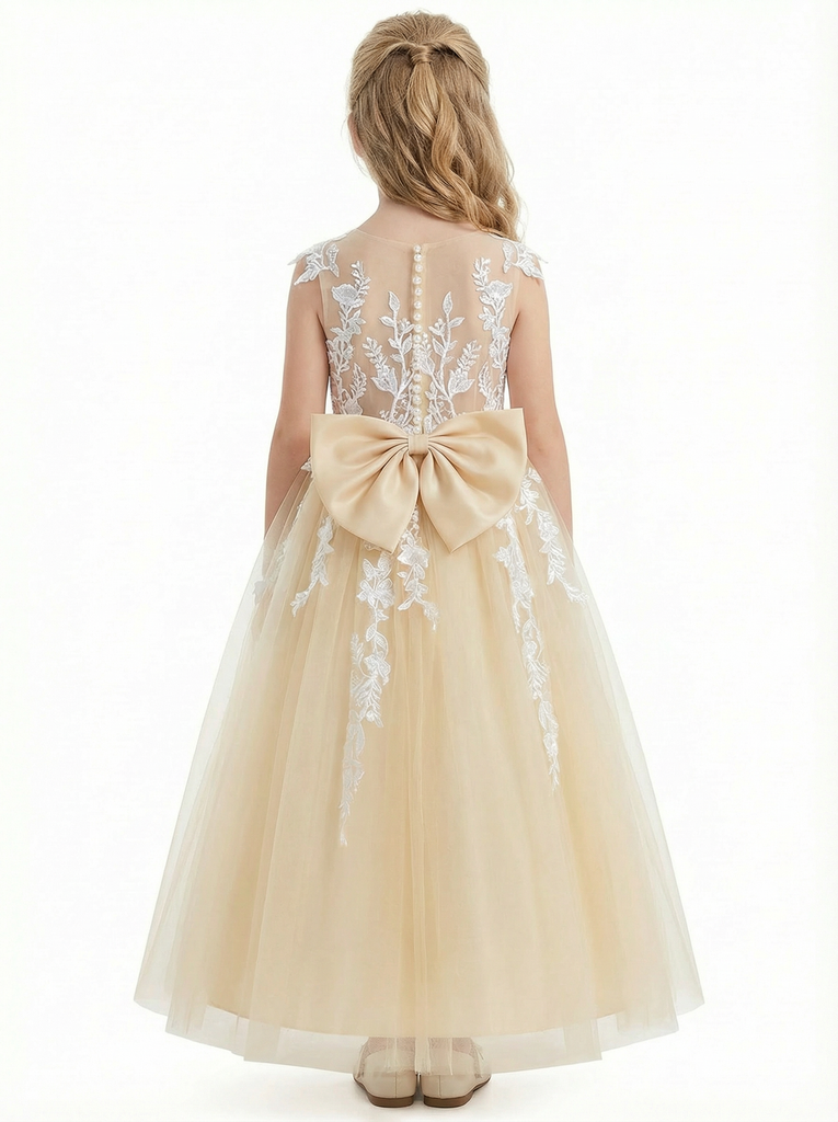 Lace Appliqu¨¦ Flower Girl Dress, Spaghetti-Straps Sleeveless A-Line, Elegant Tulle Skirt