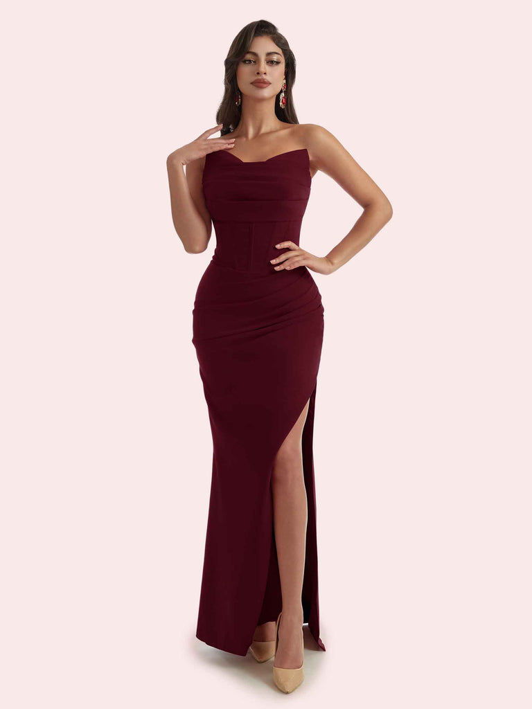 Elegant Mermaid Side Slit V-neck Strapless Crepe Long Bridesmaid Dress For Wedding Elegant Mermaid Side Slit V-neck Strapless Crepe Long Bridesmaid Dress For Wedding