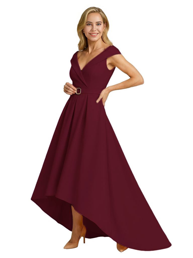 Mother of The Groom Dress Fancy Cap Sleeve Crepe High-Low A-Line Gown Elegant Belt Accent