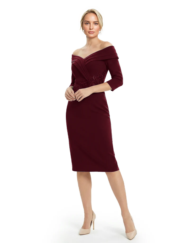 Mother of The Groom Dresses Off The Shoulder 3/4 Sleeve Satin Sheath Midi Dress Pretty Lace Detailed Formal Bridal Party Attire