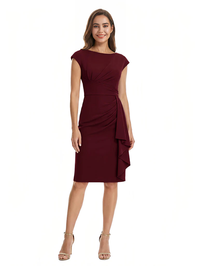 Mother of The Bride Dress Beautiful Jewel Cap Sleeve Crepe Sheath Midi Gown Ruffled Stylish Design