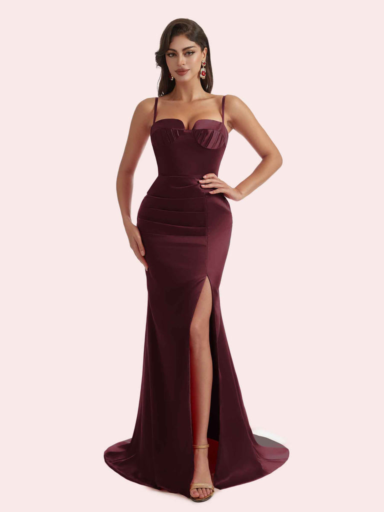 Elegant Mermaid Pleats Side Slit Spaghetti Straps Soft Satin Long Bridesmaid Dress For Wedding- Cetims Grape