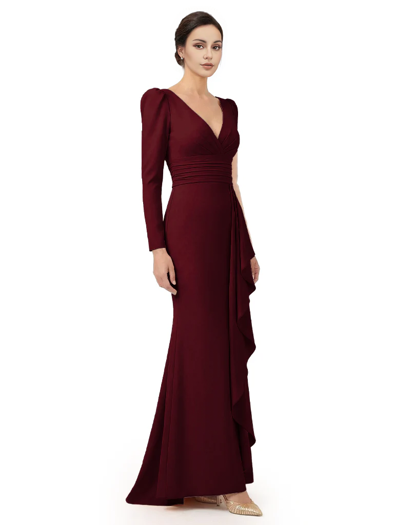 V-Neck Long Sleeves Ruffle Crepe Mother Of The Groom Dress Mermaid